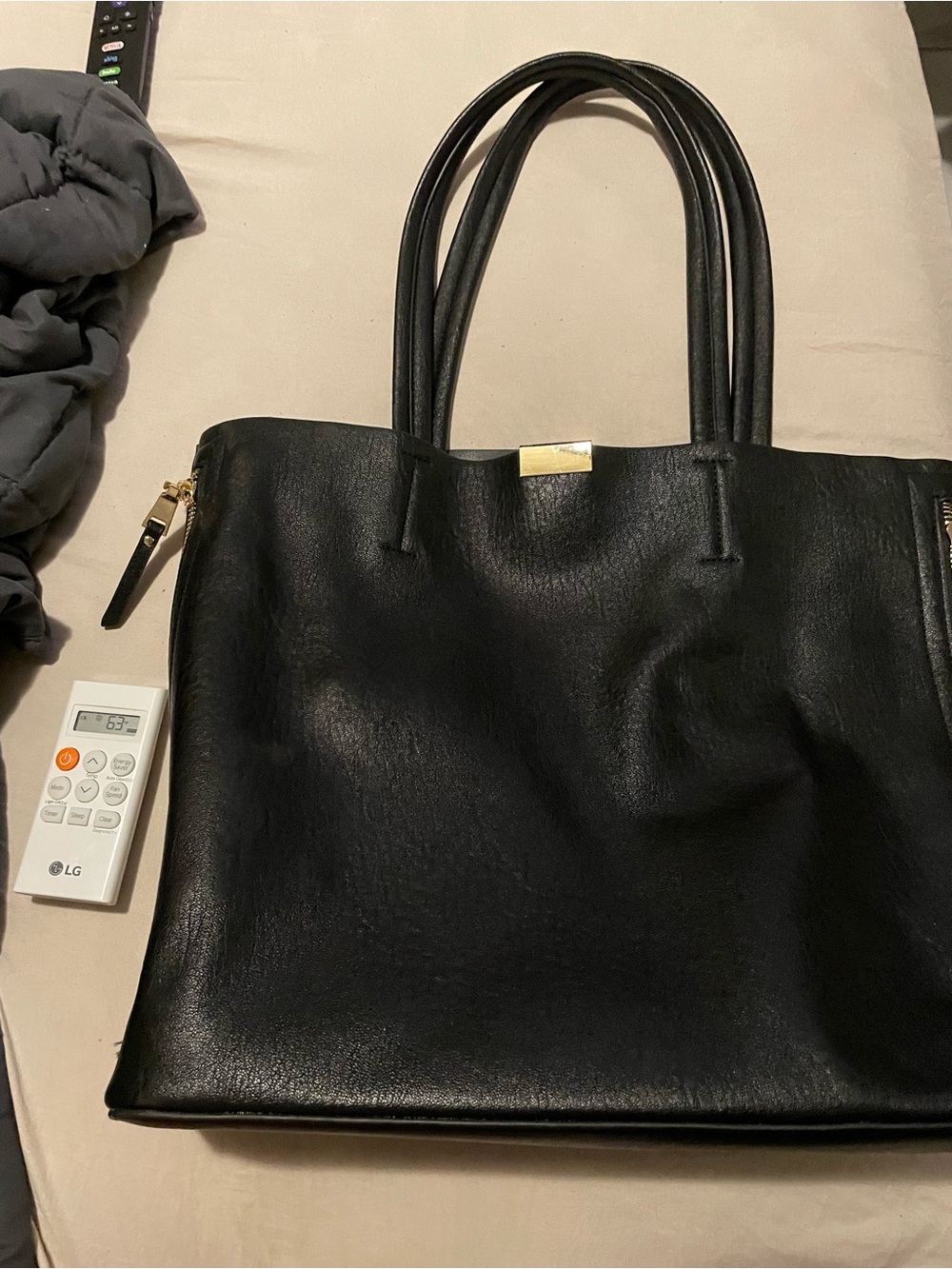 Large Black Pleather Tote Bag with Gold Accent - Great work/University Bag